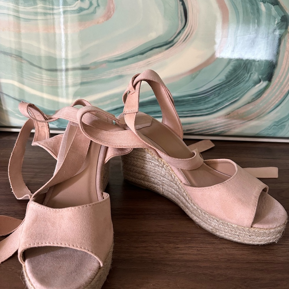 Pink Espadrille Wrap Wedge Sandals